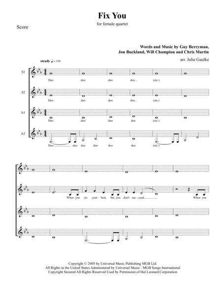 Fix You Coldplay For Ssaa Quartet In Eb Sheet Music