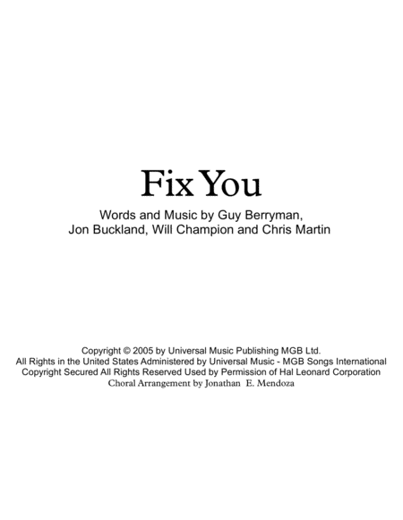 Free Sheet Music Fix You Easy Choral Arrangement Ssaattbb