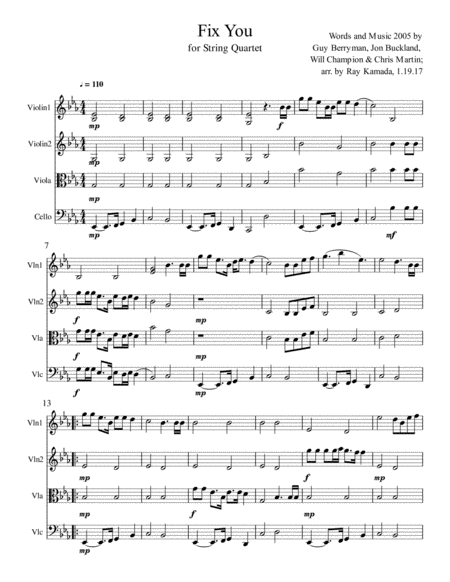 Free Sheet Music Fix You For String Quartet