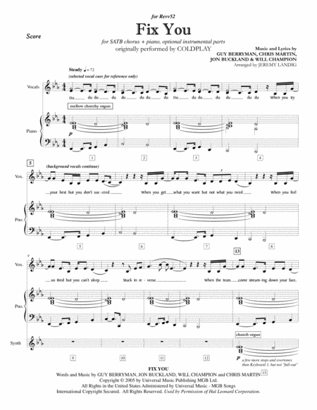 Fix You Rhythm Section For Satb Choral Arrangement Sheet Music