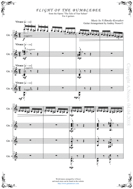 Flight Of The Bumblebee Sheet Music For 4 Guitars Sheet Music