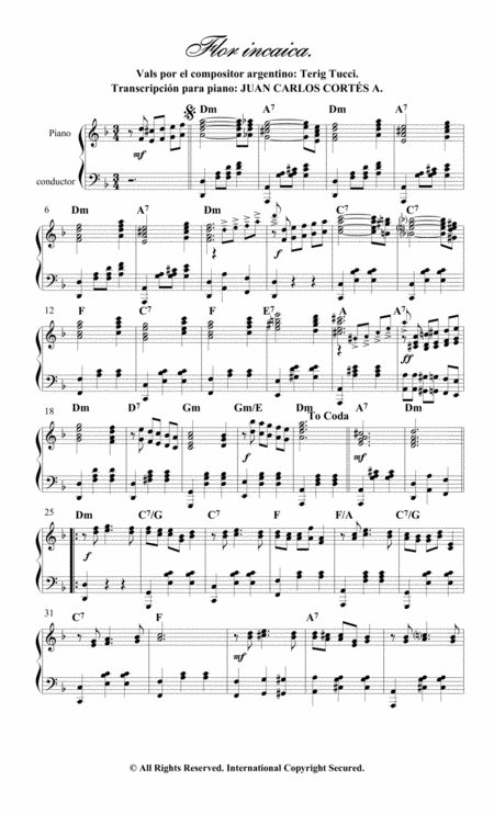 Flor Incaica Vals Por Instrumental Para Piano Solo Por Terig Tucci Sheet Music