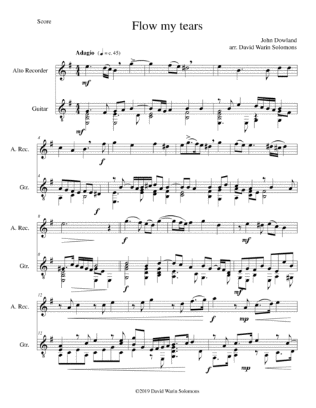 Free Sheet Music Flow My Tears For Alto Recorder And Guitar Without Divisions
