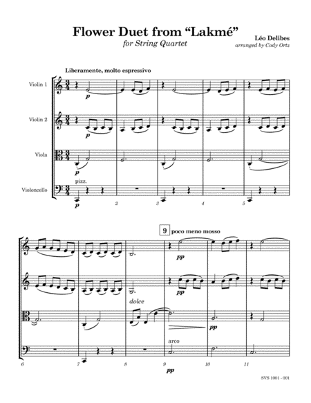 Flower Duet From Lakm For String Quartet Sheet Music