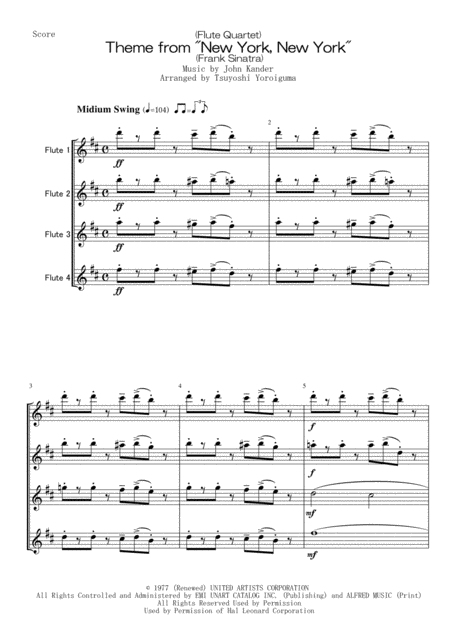 Flute Quartet Theme From New York New York Frank Sinatra Sheet Music