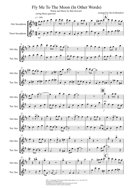 Fly Me To The Moon In Other Words For Alto And Tenor Saxophone Duet Sheet Music