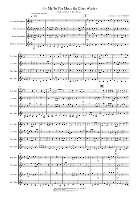 Fly Me To The Moon In Other Words For Saxophone Quartet Sheet Music