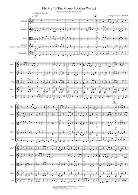 Fly Me To The Moon In Other Words For String Quartet Sheet Music