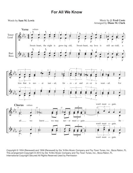 Free Sheet Music For All We Know Quartet Pricing