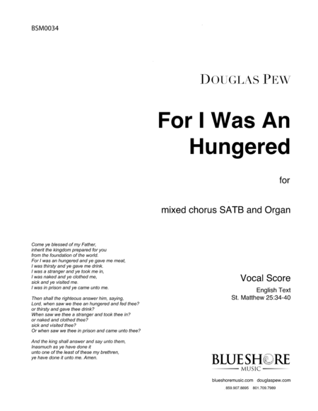 Free Sheet Music For I Was An Hungered
