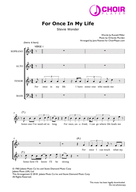 For Once In My Life Satb Stevie Wonder Sheet Music