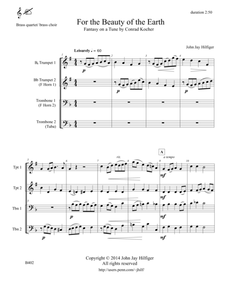 For The Beauty Of The Earth Fantasy On A Tune By Conrad Kocher For Brass Quartet Sheet Music