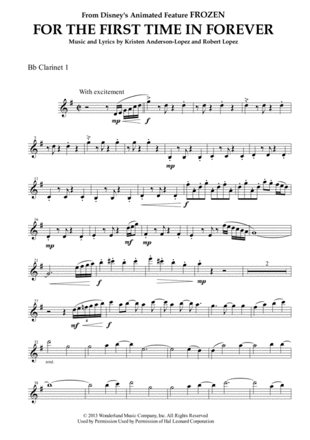 For The First Time In Forever From Frozen For Clarinet Quartet Sheet Music