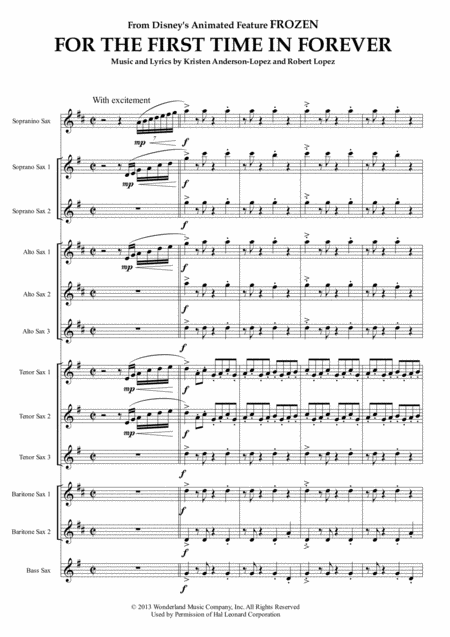 Free Sheet Music For The First Time In Forever From Frozen For Saxophone Ensemble