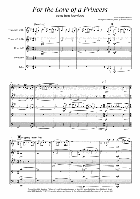 For The Love Of A Princess Theme From Braveheart For Brass Quintet Sheet Music