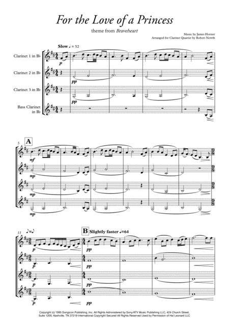 For The Love Of A Princess Theme From Braveheart For Clarinet Quartet Sheet Music