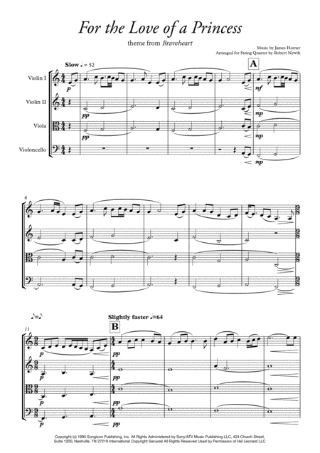 For The Love Of A Princess Theme From Braveheart For String Quartet Sheet Music