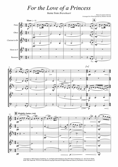 For The Love Of A Princess Theme From Braveheart For Wind Quintet Sheet Music