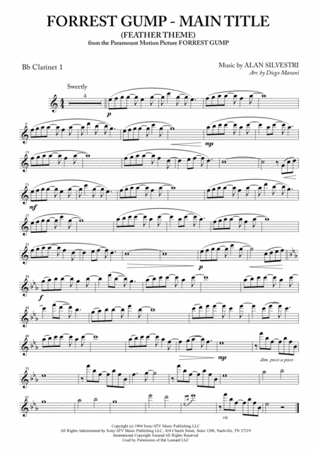 Forrest Gump Main Title Feather Theme For Clarinet Quartet Sheet Music