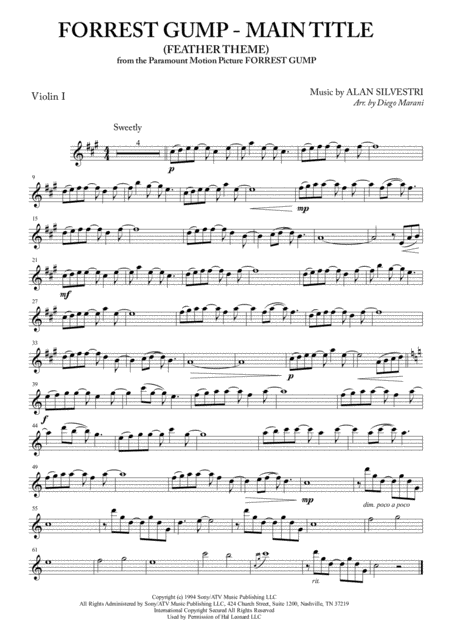 Forrest Gump Main Title Feather Theme For String Quartet Sheet Music