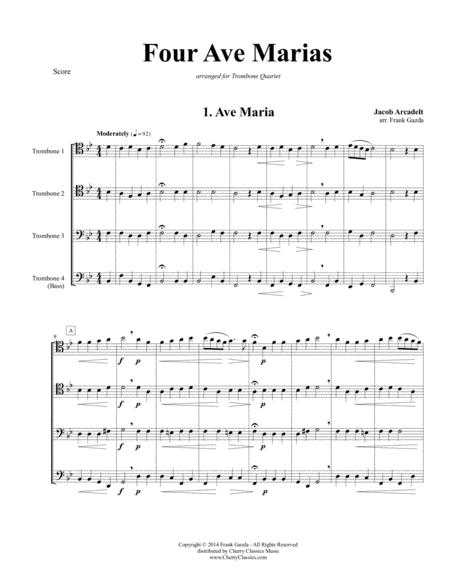 Free Sheet Music Four Ave Marias For Trombone Quartet
