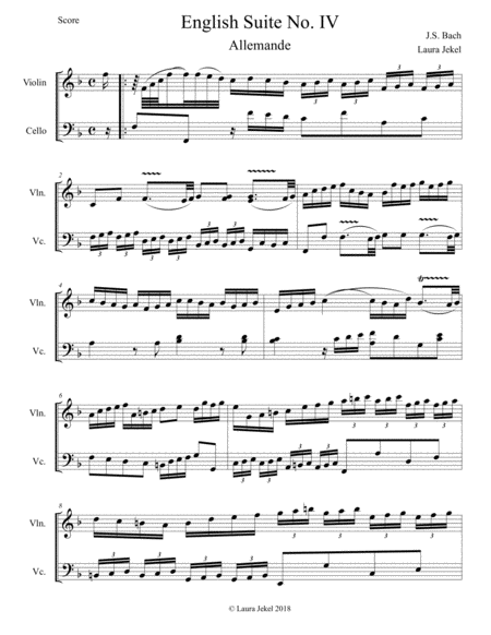 Free Sheet Music Four Movements From Js Bachs English Suites For Violin And Cello Duo