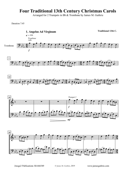 Free Sheet Music Four Traditional 13th Century Christmas Carols For 2 Trumpets Trombone
