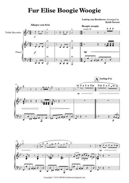 Free Sheet Music Fr Elise Boogie Woogie For Treble Recorder Piano