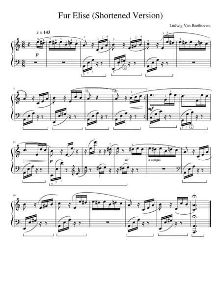 Free Sheet Music Fr Elise Simplified Version With Fingerings