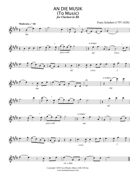 Free Sheet Music Franz Schubert An Die Musik To Music For Solo Clarinet In B Flat