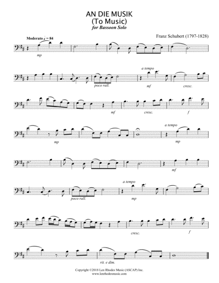 Franz Schubert An Die Musik To Music For Solo Unaccompanied Bassoon Sheet Music