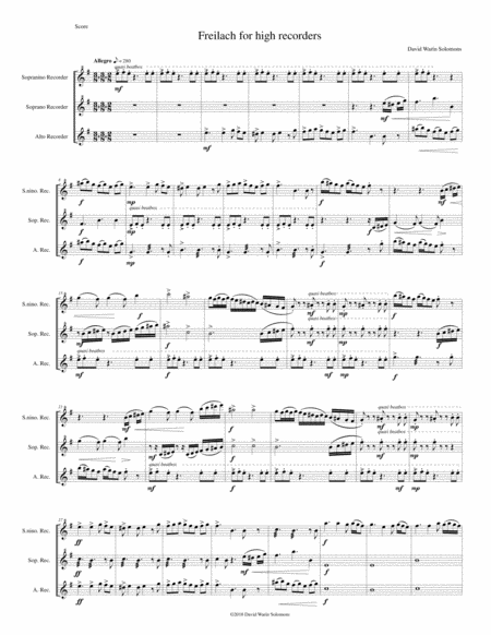 Free Sheet Music Freilach For High Recorders Sopranino Soprano And Alto