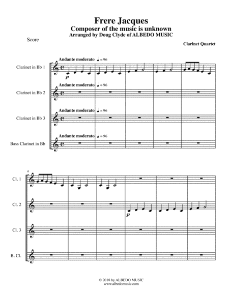 Free Sheet Music Frere Jacques For Clarinet Quartet