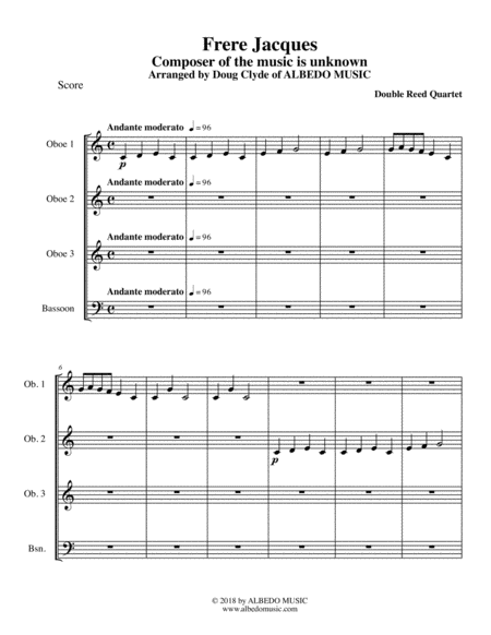 Frere Jacques For Double Reed Quartet Sheet Music