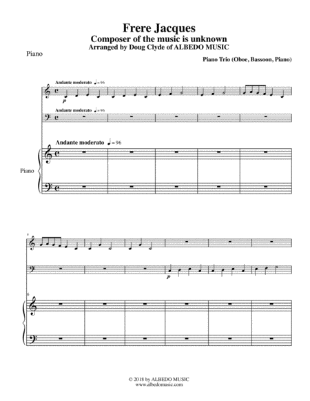 Free Sheet Music Frere Jacques For Oboe Bassoon Piano