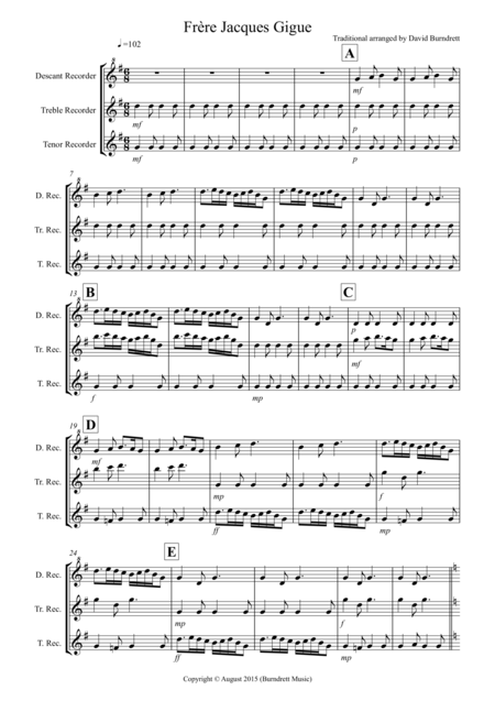 Frere Jacques For Recorder Trio Sheet Music