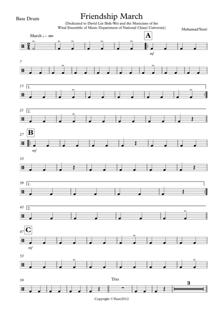 Free Sheet Music Friendship March Bass Drum Part