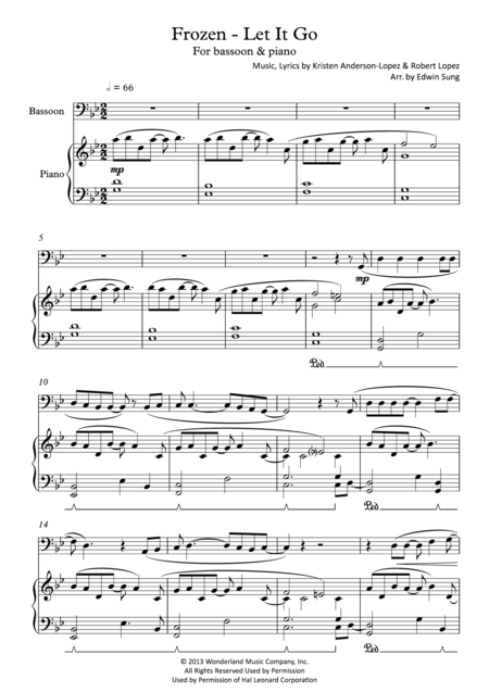 Free Sheet Music Frozen Let It Go For Bassoon Piano Including Part Score