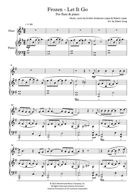 Free Sheet Music Frozen Let It Go For Flute Piano Including Part Score