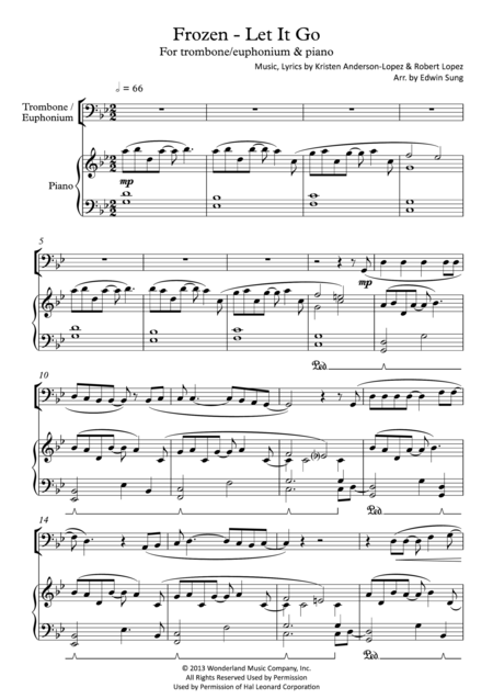 Free Sheet Music Frozen Let It Go For Trombone Euphonium Piano Including Part Score