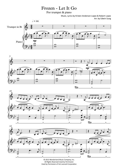 Frozen Let It Go For Trumpet Piano Including Part Score Sheet Music