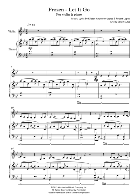 Frozen Let It Go For Violin Piano Including Part Score Sheet Music