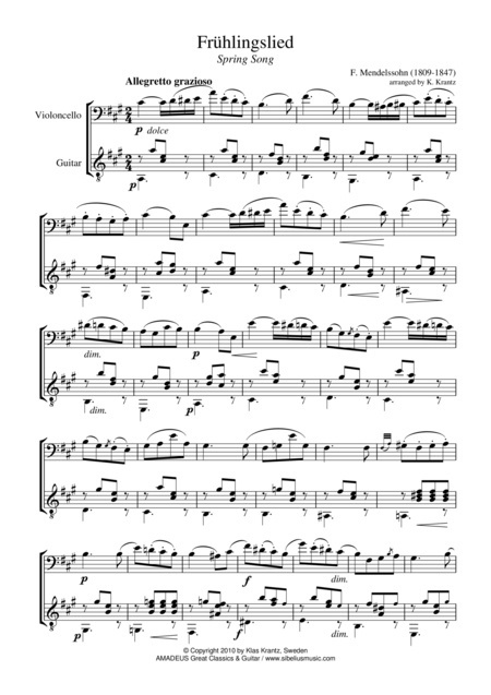 Fruhlingslied Spring Song For Cello And Guitar Sheet Music