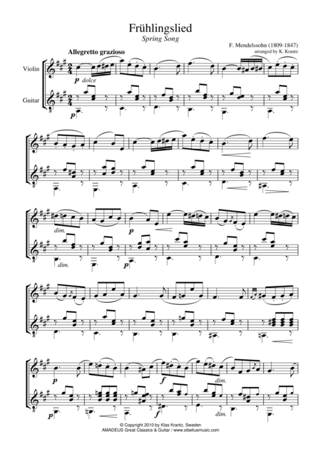 Fruhlingslied Springsong For Violin And Guitar Sheet Music