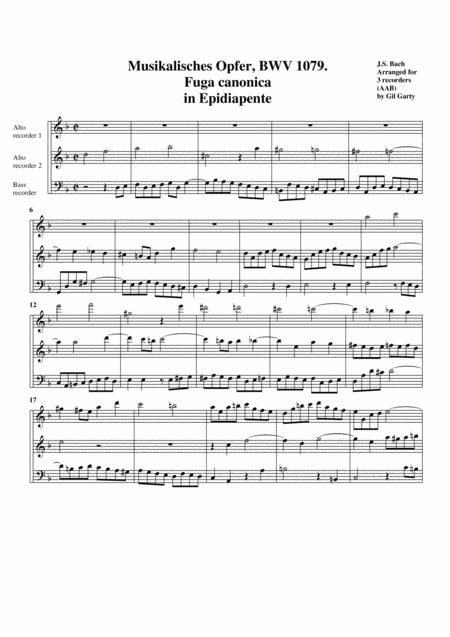 Free Sheet Music Fuga Canonica In Epidiapente From Musikalisches Opfer Bwv 1079 Arrangement For 3 Recorders