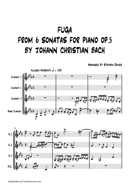 Free Sheet Music Fuga From 6 Sonatas For Piano By Johann Christian Bach For Clarinet Quartet