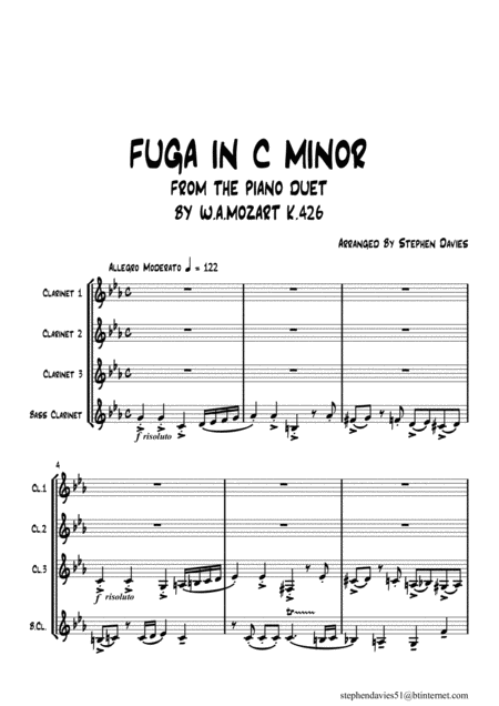 Fuga In C Minor From The Piano Duet By W A Mozart K426 For Clarinet Quartet Sheet Music