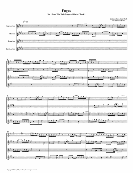 Fugue 01 From Well Tempered Clavier Book 1 Saxophone Quartet Sheet Music