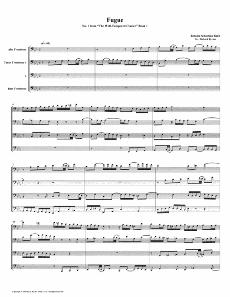 Free Sheet Music Fugue 01 From Well Tempered Clavier Book 1 Trombone Quartet