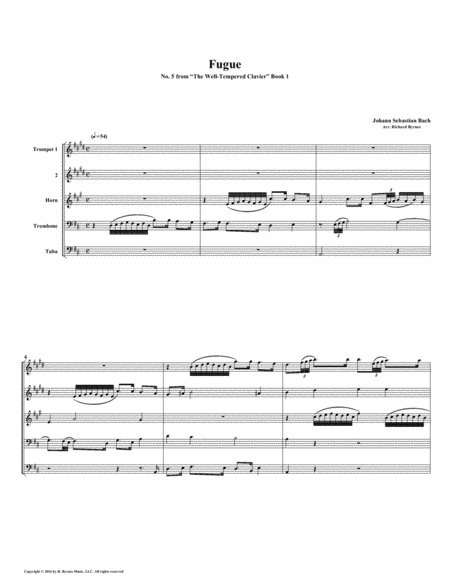 Free Sheet Music Fugue 05 From Well Tempered Clavier Book 1 Brass Quintet